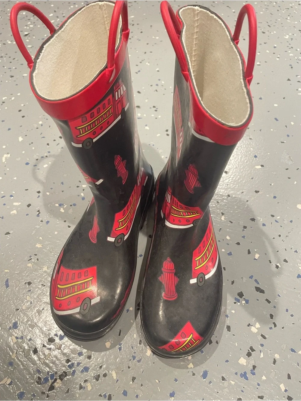 Kids Black & Red Fire Truck Rain Boots
